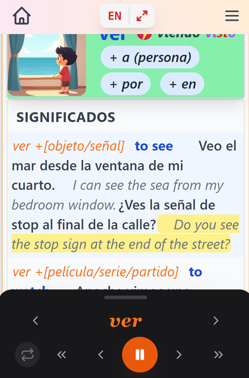 Verb card with meanings