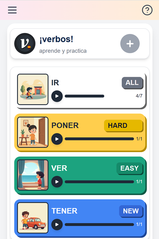 Verb collections screen